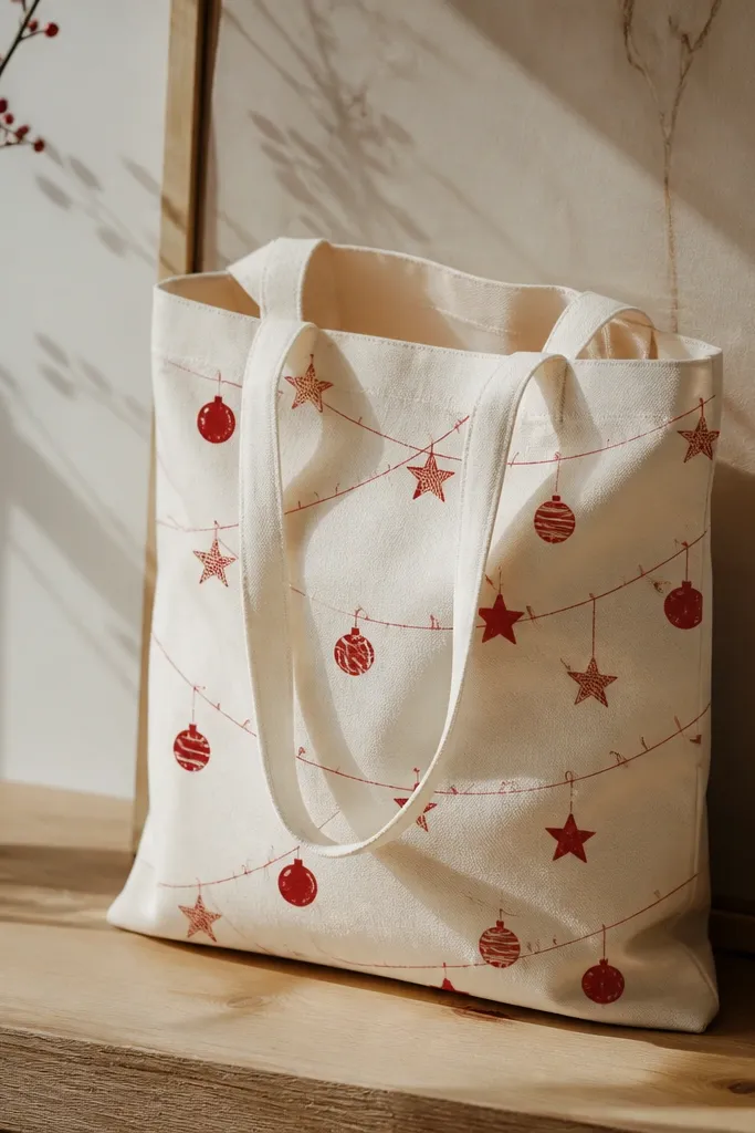 A cream tote with scattered red ornament doodles - circles, stars, and small baubles - connected by thin lines like string lights.