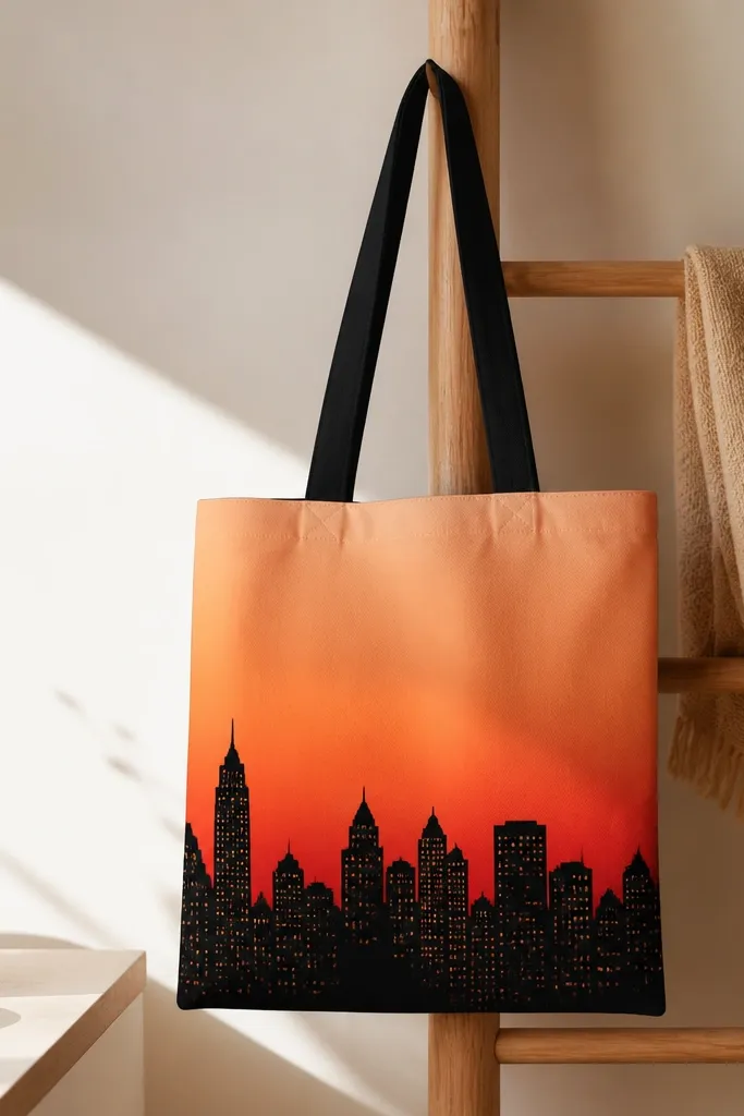 A tote with a sunset gradient background in orange and peach, and a black city skyline silhouette across the lower third with tiny window rectangles.