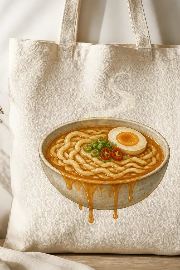 A natural canvas tote bag painted with a centered ramen bowl cutout scene. The noodles are pale wheat-yellow curved lines with thicker edges, the broth is warm amber with glossy drips that run downward, and tiny toppings sit on top: a soft-boiled egg shape in cream, a few green scallion rings, and two red chili slices. The background stays mostly unpainted for contrast, with a thin off-white steam swirl rising behind the bowl.