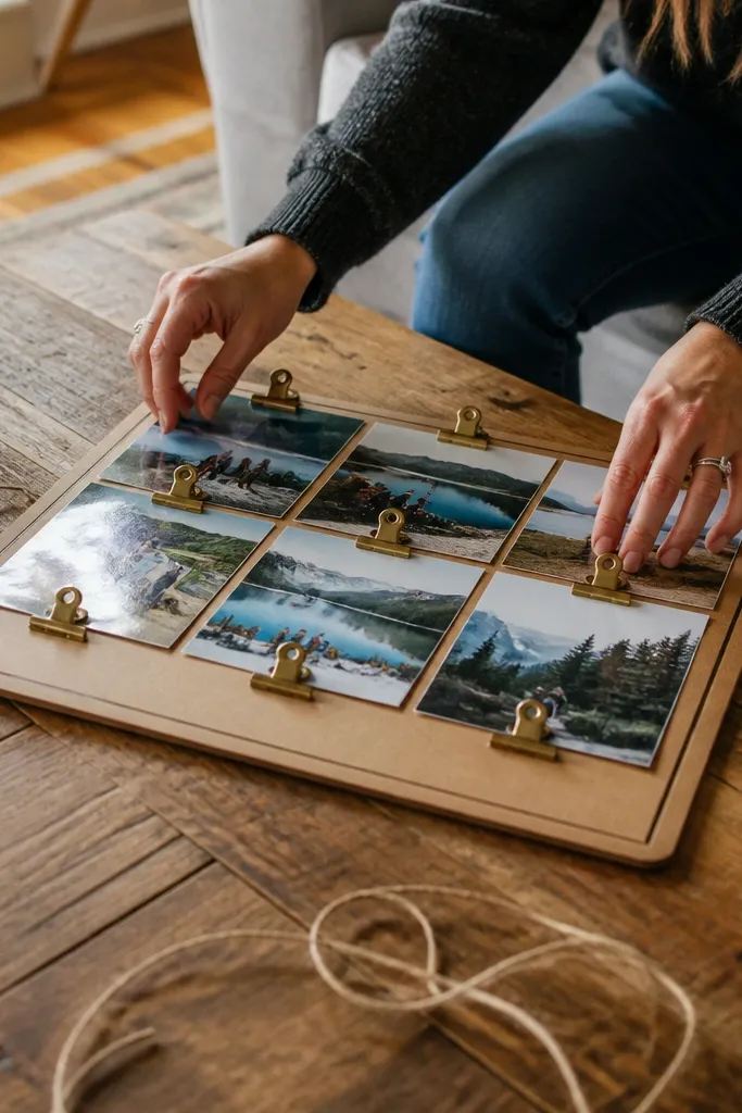 Clipboard with 12 clipped photos in a neat grid and small caption labels