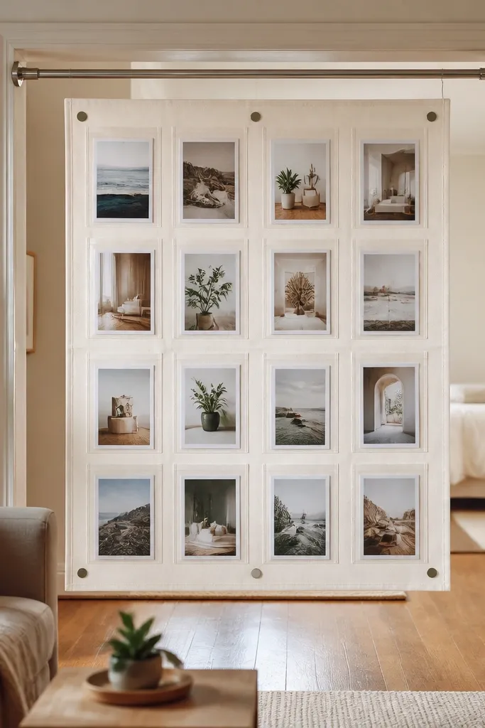 Fabric panel hanging on a tension rod with small pocket squares holding photos