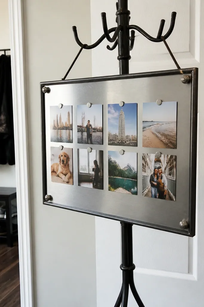 Small metal board with photos held by magnets in neat rows