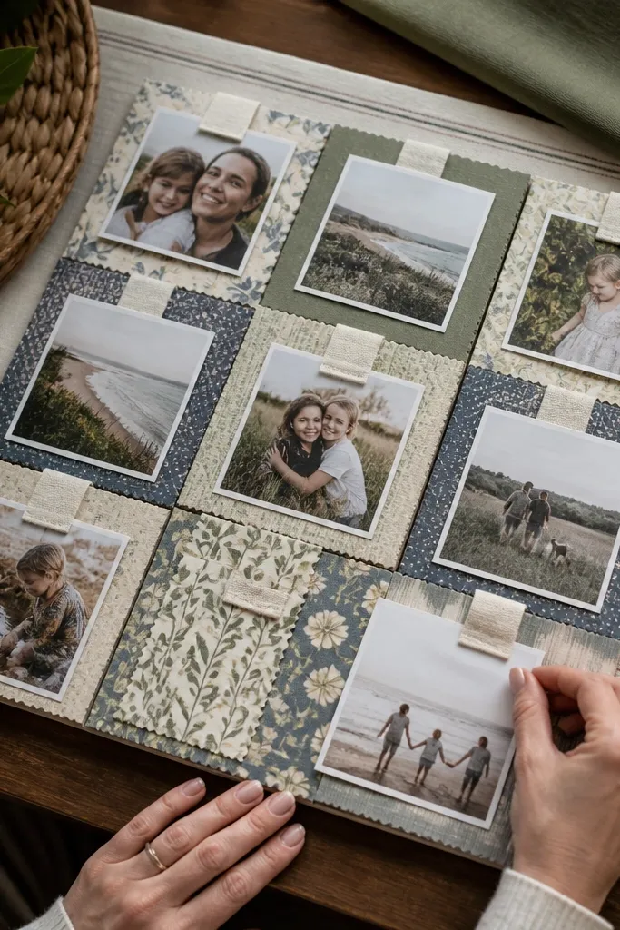 Wallpaper sample strips arranged in a grid with small fabric tabs holding photos