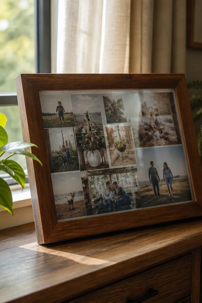 collage inside a thrifted frame with removable film holding images