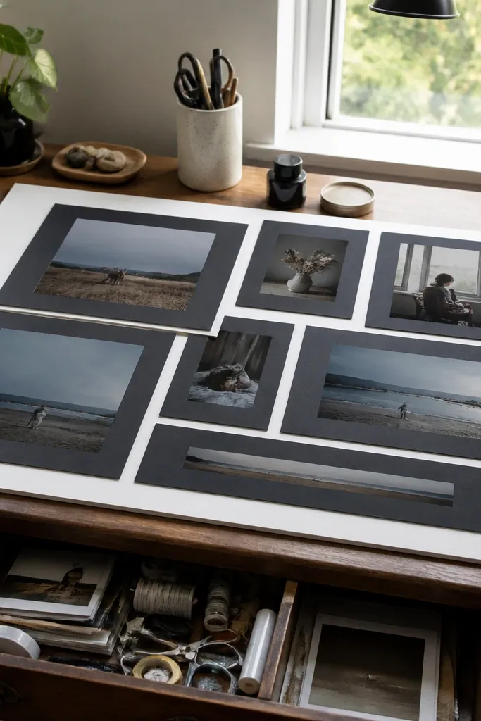 Matte paper framed photos arranged in a layered grid on a removable backing