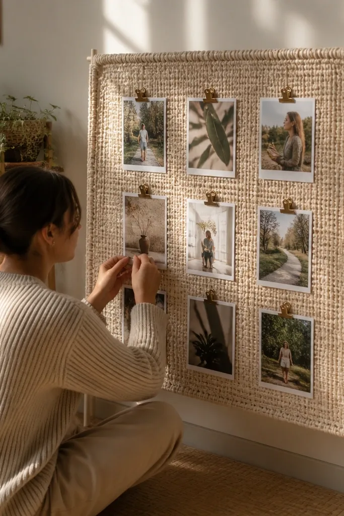 Pegboard wrapped with yarn with clips holding photos in rows