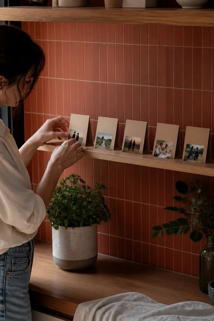 Tiny cardboard goal cards on a shelf with a consistent color scheme