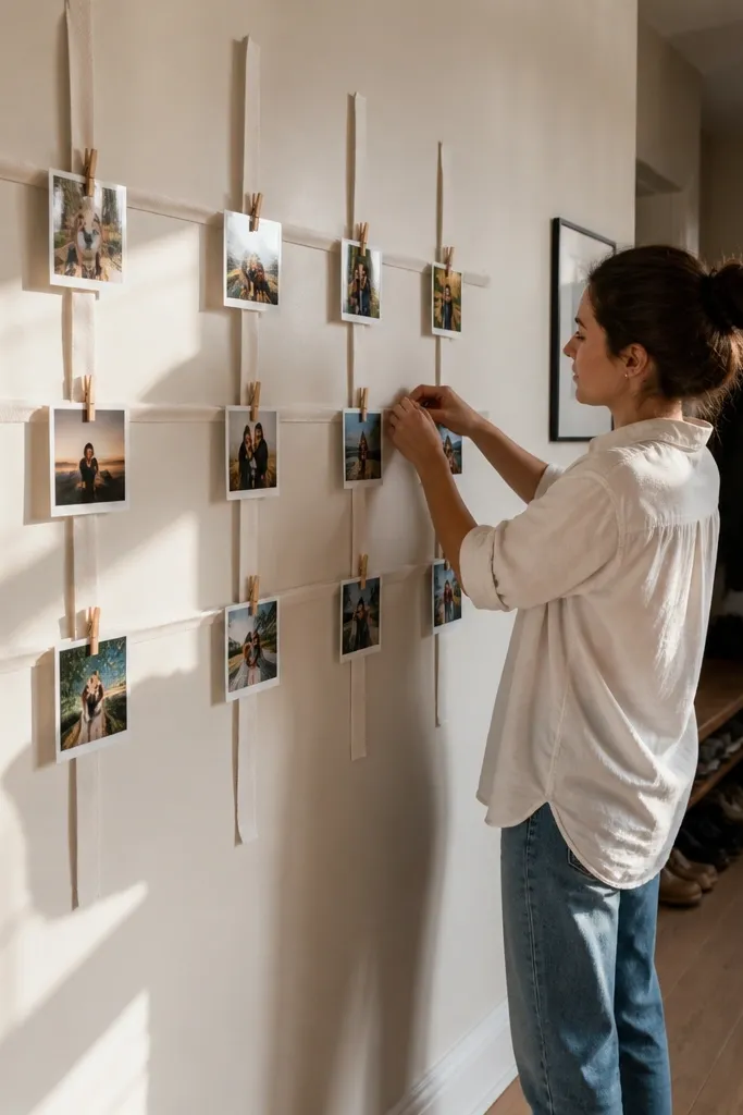 Ribbon strings across a board with clothespins holding photos