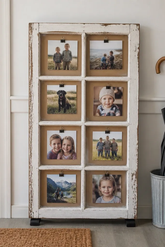 Old window frame with clipped photos arranged in rectangles
