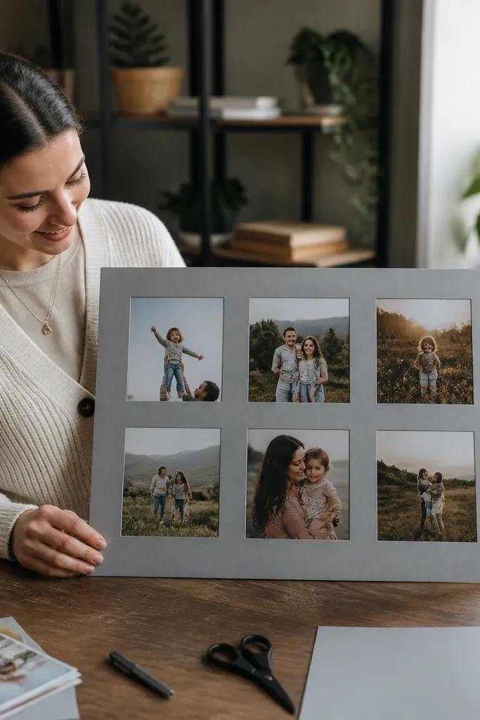 Matte contact paper with peelable pockets holding photos in a grid