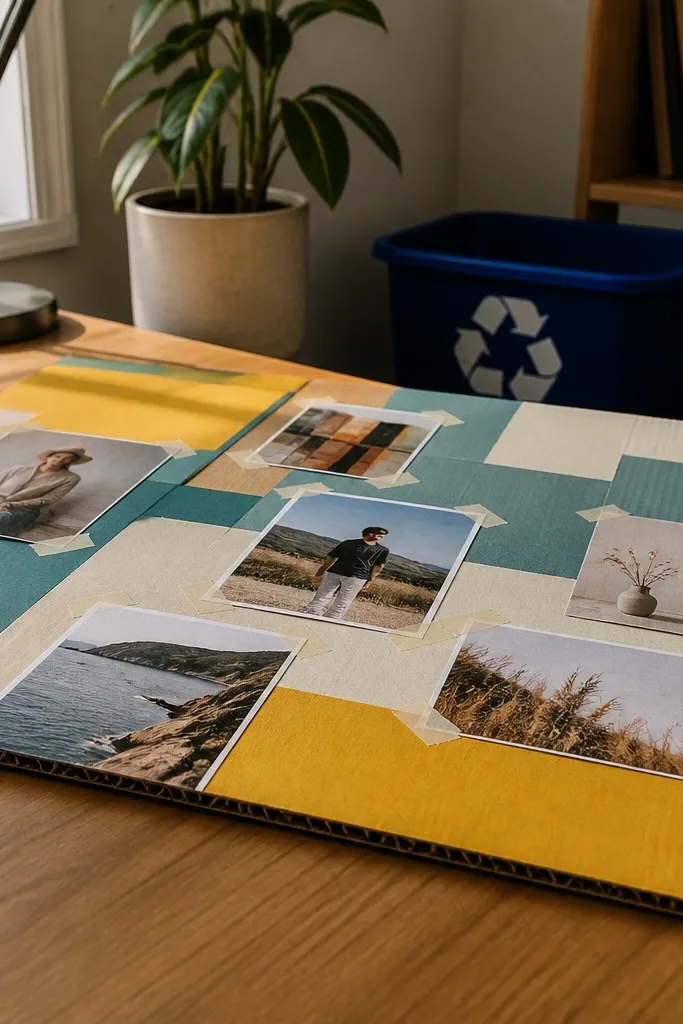 Color-blocked cardboard vision board with squares arranged in rows