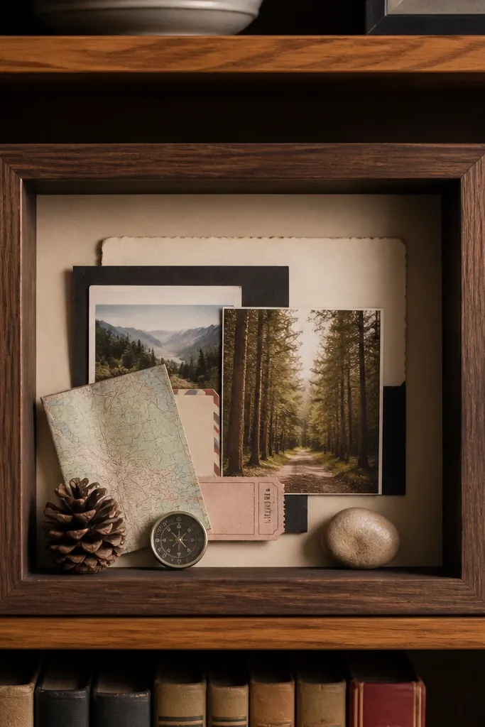 Small shadow box with layered prints and label tags