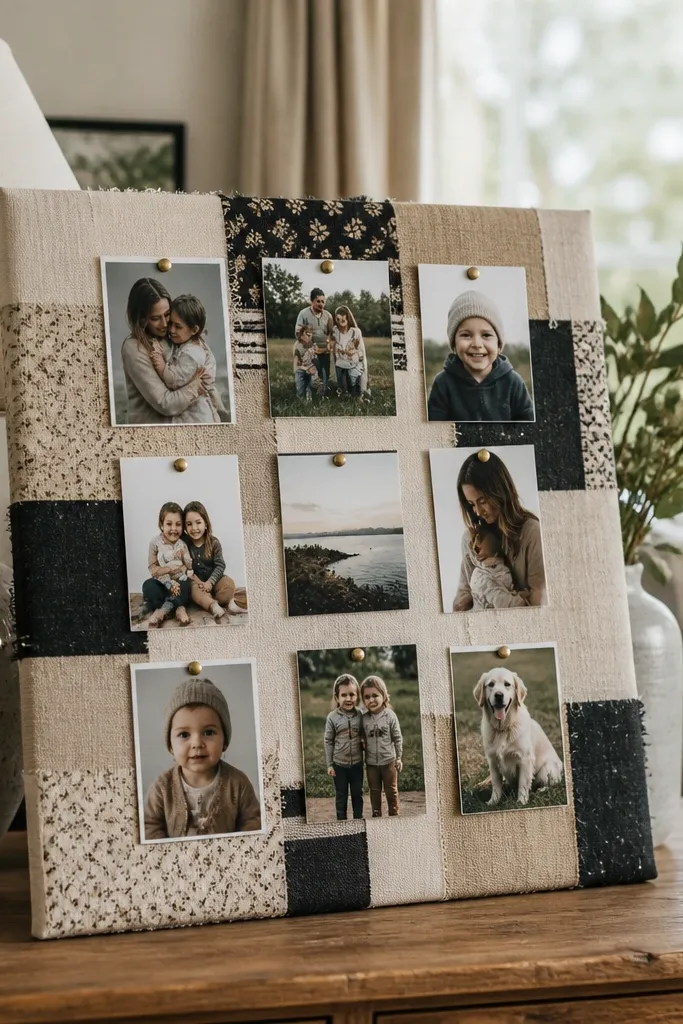 Fabric scrap patches on a board with photos pinned neatly in a grid