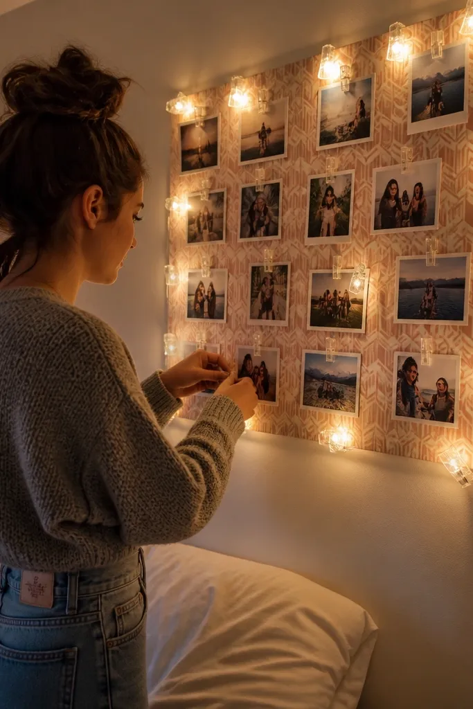 Wallpaper-backed board with photos and tiny battery lights around the edges