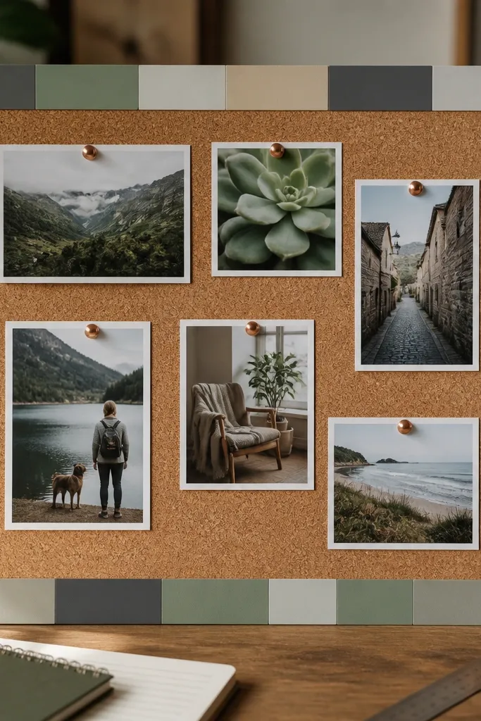 Cork board framed with paint swatches and pinned photos