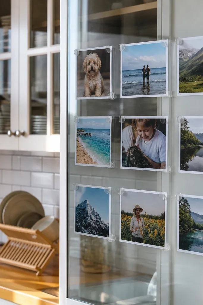 Photos stuck to glass using static cling in a neat grid