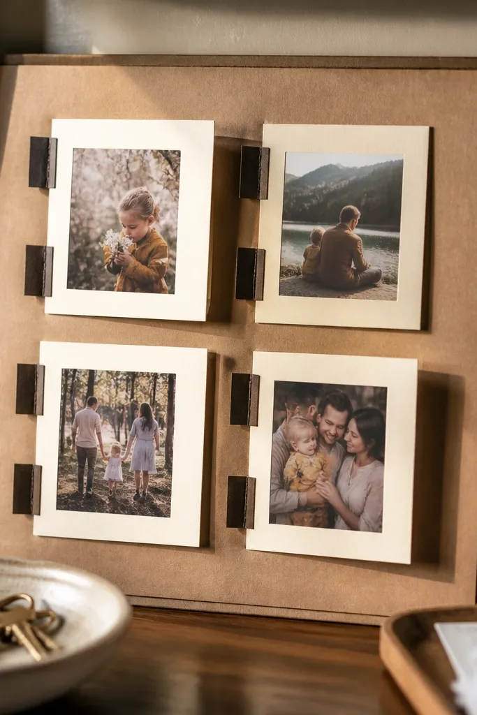 Cardboard board with mats and tape-hinge tabs holding photos