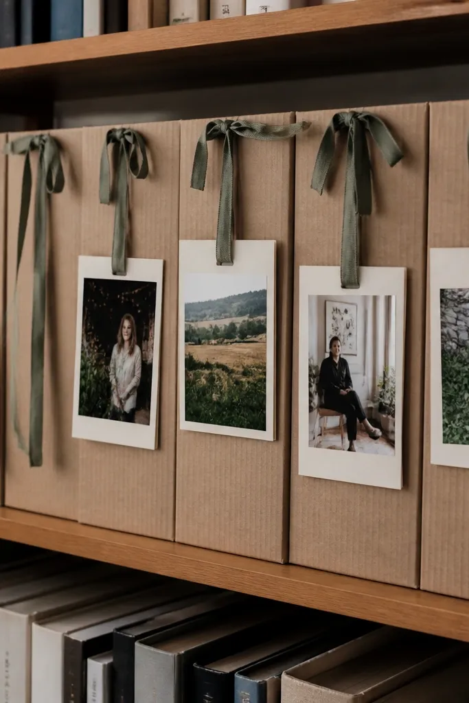 Board shaped like book spines with ribbon-hung index cards and photos