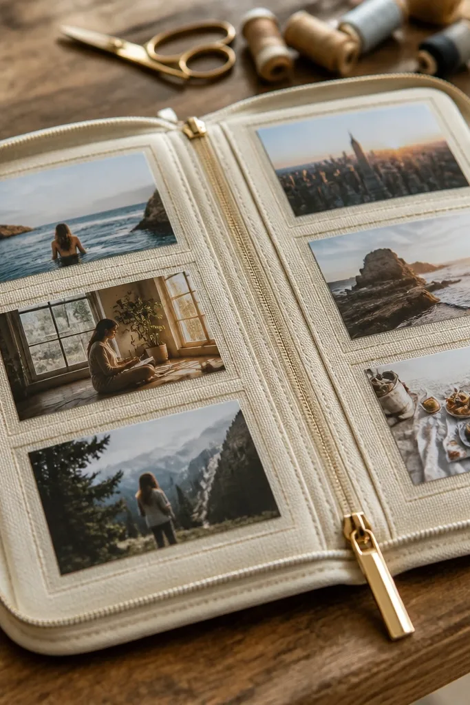 Fabric-covered board with zipper pockets holding photos in rows