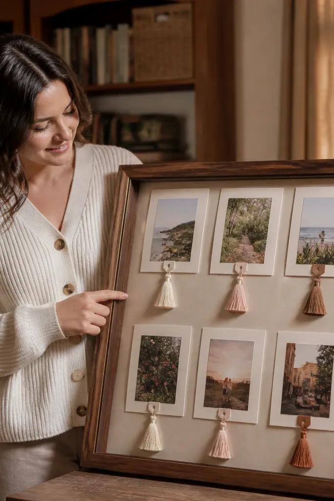 Upcycled frame with photos and small paper tassel labels