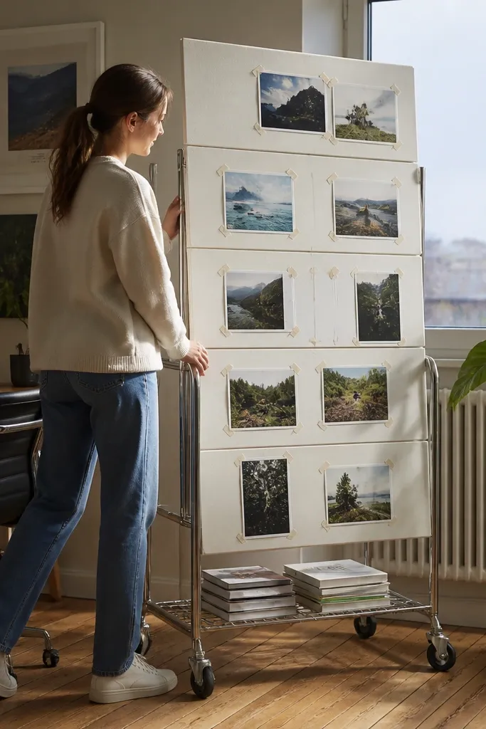 Vision board panel attached to a rolling cart with photos and labels