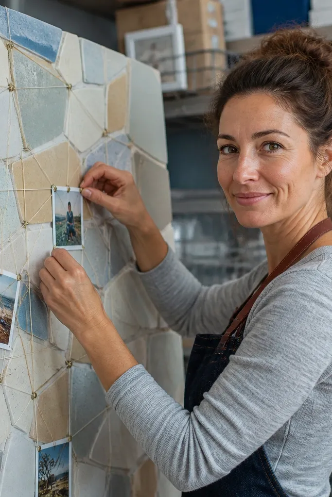 Board with small tiles and string lines holding photos by mini pins