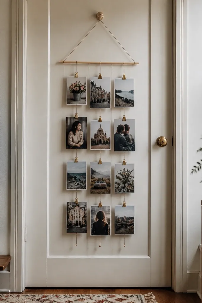 Door-hung banner with layered cards and small label tags