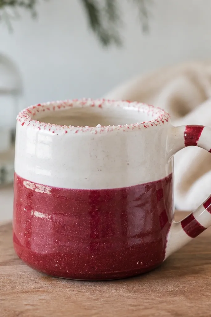 A handmade ceramic mug painted with a thick cranberry-red band wrapping around the middle, a creamy white upper section, and a candy-cane red-and-cream swirl on the handle. The rim is speckled like sugar crystals, and the glaze has a slight gloss that catches light.