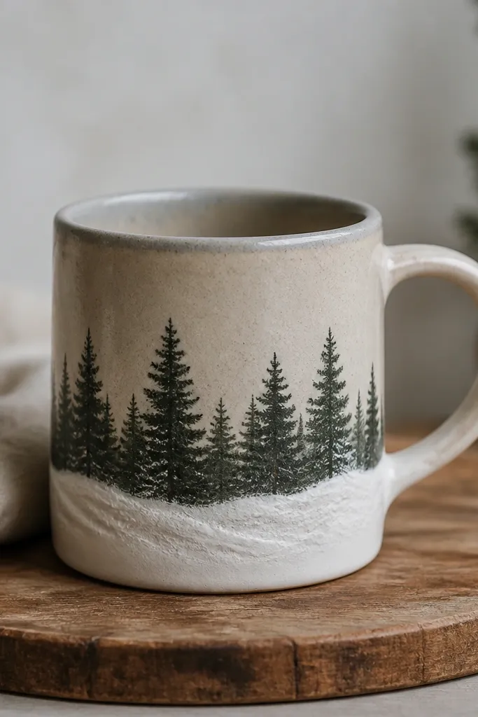 A handmade mug with a deep evergreen silhouette of a conifer forest painted along one side. The bottom third is a matte white snowdrift texture, while the rest is a muted oat-beige glaze. The handle is plain and slightly speckled, and the rim is a soft gray.