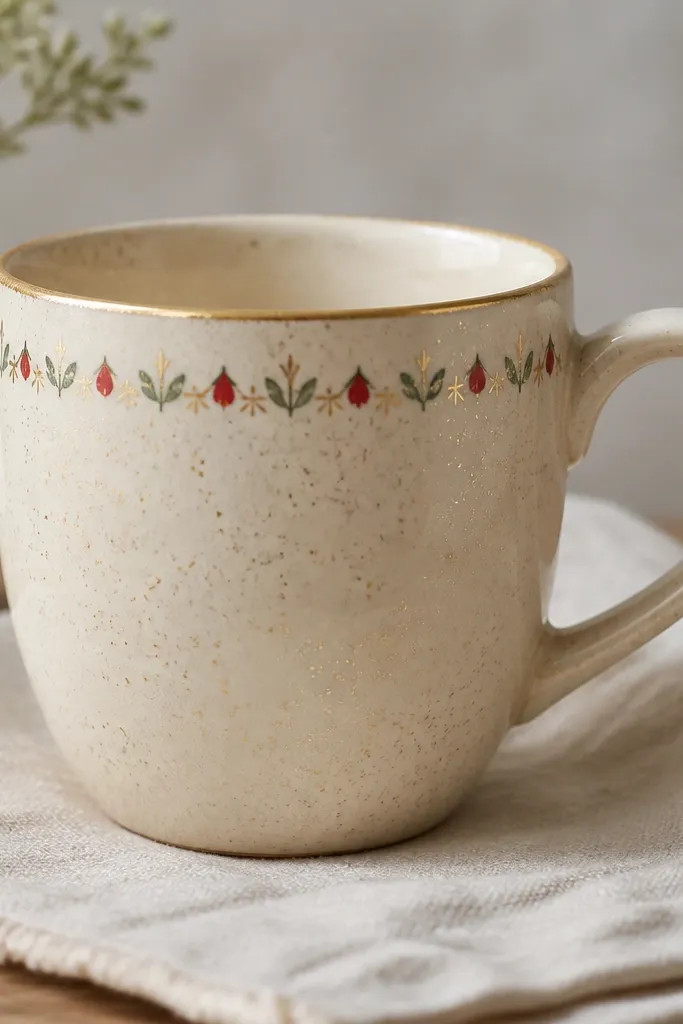 A cream-colored handmade mug with fine gold speckles sprinkled across the glaze. Around the upper rim area is a thin painted border of small ornaments in muted red and green. The handle is the same cream tone, and the rim has a slightly brighter gold edge.