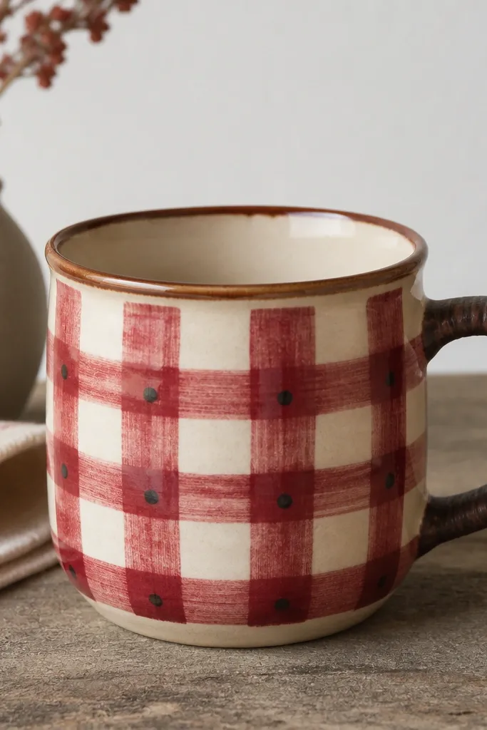 A handmade mug painted with a red-and-cream plaid pattern across the body. The handle is wrapped-looking with dark brown paint and slight wood-grain texture, and the rim is stained a warm brown. Small black dots appear at intersections like tiny nailheads.