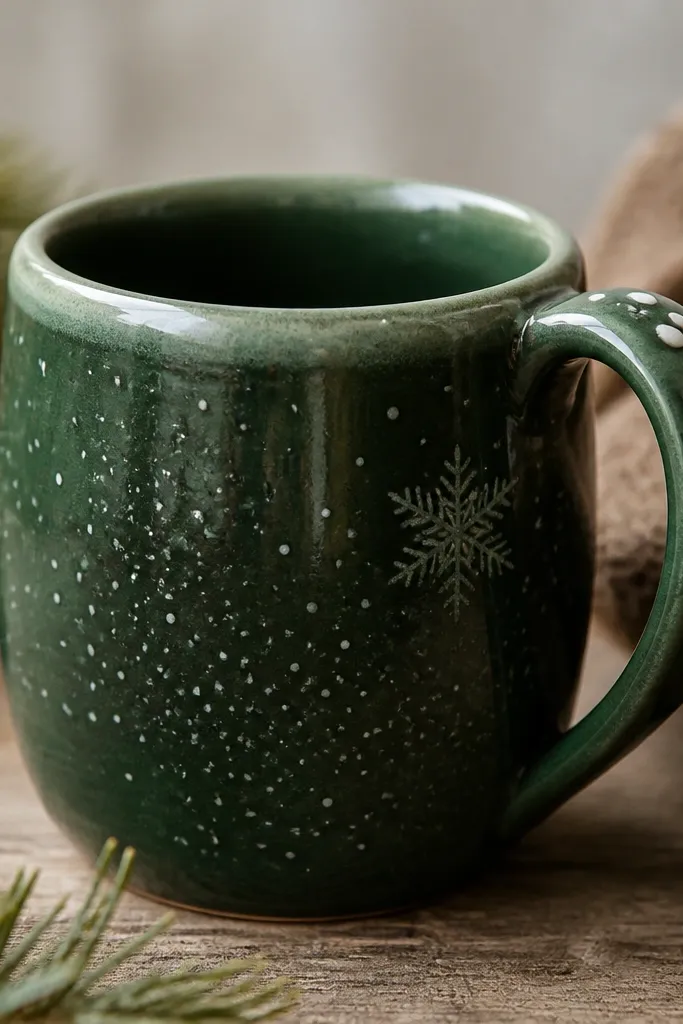 A forest green handmade mug with a smooth glaze and scattered white dot speckles across the front like frost. The rim is slightly lighter green, and the handle has a few larger dot clusters near the top. One side shows a faint, hand-painted snowflake.