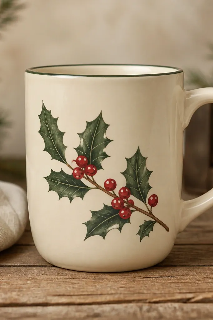 A warm cream mug with a single holly sprig painted diagonally across the front. The leaves are muted deep green with thin vein lines, and the berries are glossy red dots with tiny white highlights. The handle is plain cream, and the rim is a thin dark green line.
