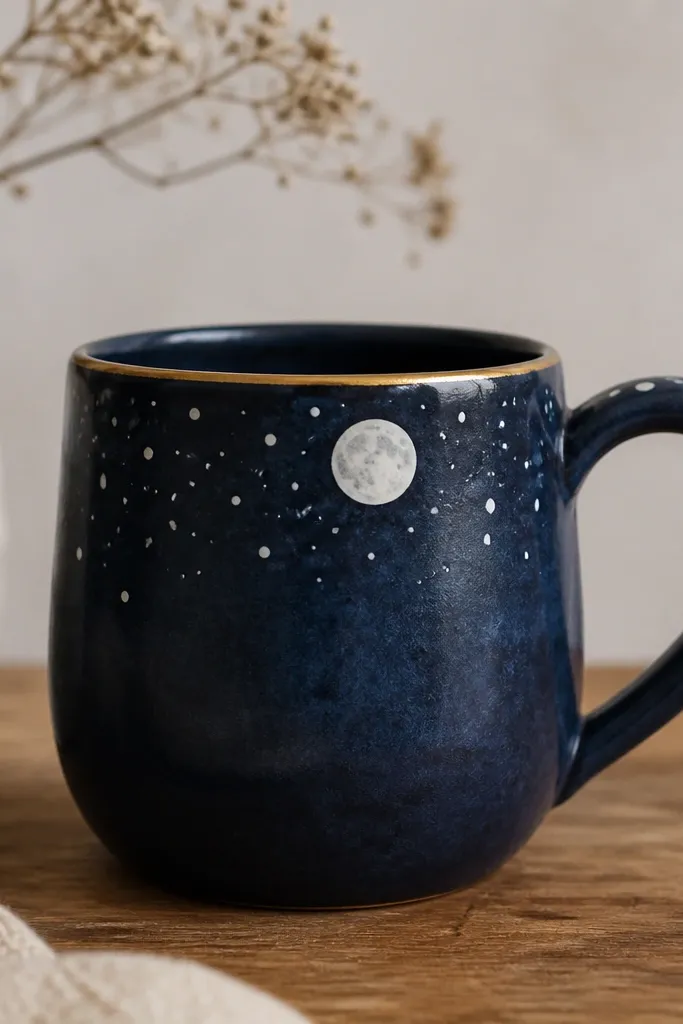 A navy blue handmade mug with a hand-painted white moon near the top and small constellation dots across the upper half. The dots vary in size, and a thin gold line circles the rim. The handle is navy with a few tiny white dots near the top.
