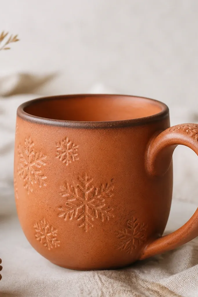 A terracotta-orange handmade mug with a matte finish. Across the front, faint raised snowflakes are stamped into the clay glaze, and the rim is painted in a darker brown wash. The handle has a few snowflakes near the top and a smooth grip area.
