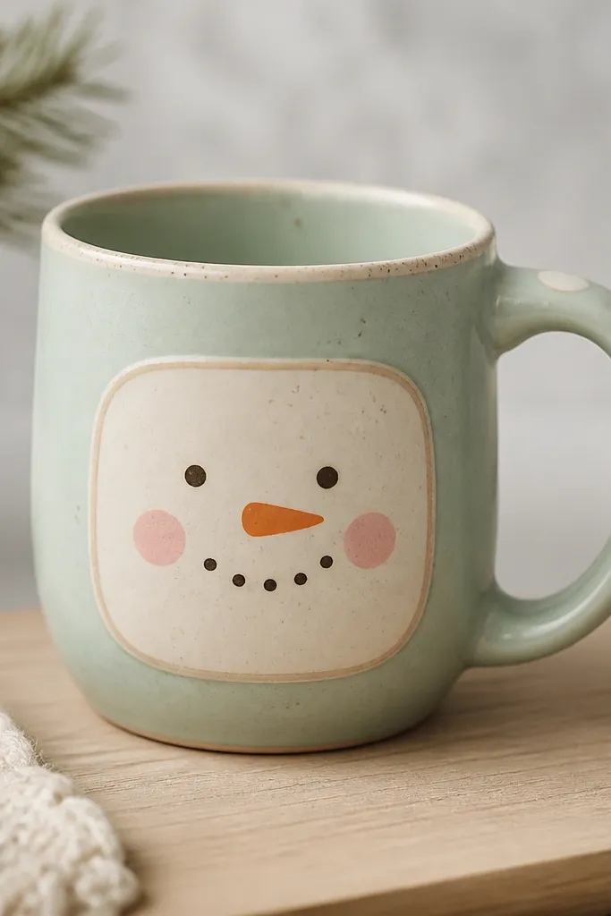 A pastel mint handmade mug with a simple painted snowman face. The snowman is framed by a rounded rectangle border in soft cream, and the cheeks are rosy pink circles. The rim is lightly speckled, and the handle is mint with a small cream dot near the top.