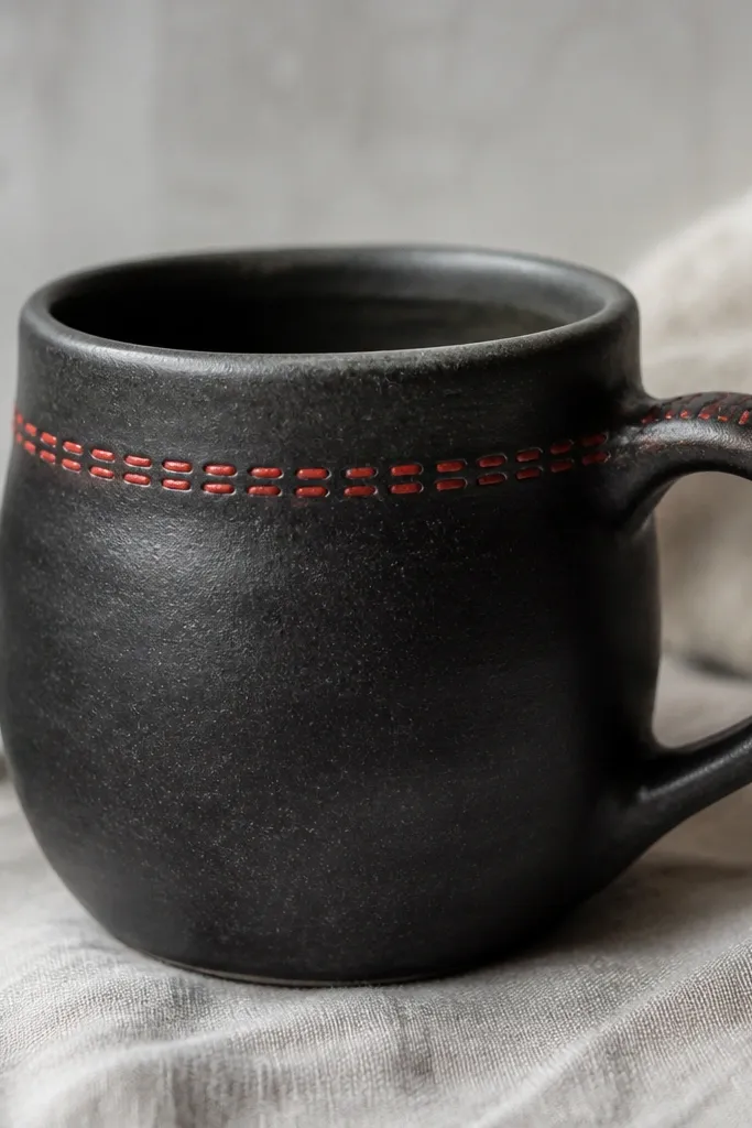 A charcoal-black handmade mug with a matte glaze. Around the top third is a red painted border that looks like stitched fabric - short dashes with tiny gaps. The rim is dark gray, and the handle has a few red dash marks near the top.