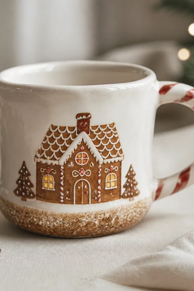 A white handmade mug with a hand-painted gingerbread house scene on one side. The house is warm brown with lighter "icing" lines, and tiny windows glow in pale yellow. The base has a brown sugar glaze effect with sandy speckles, and the handle has a small candy cane stripe.