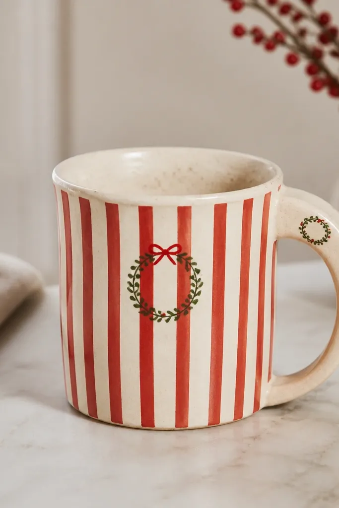 A handmade mug with narrow red-and-cream vertical stripes. On the front, there's a small green wreath painted above the middle, and a tiny red bow sits near the top. The handle has a miniature wreath ring painted on it, and the rim is cream with speckles.