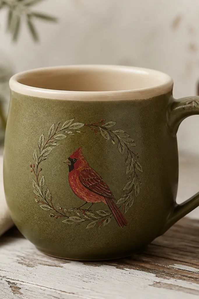 An olive green handmade mug with a hand-drawn cardinal perched inside a wreath circle. The cardinal is painted in deep red and orange with a small black eye, and the wreath is a mix of muted greens. The rim is a warm cream, and the handle has a tiny wreath leaf near the top.