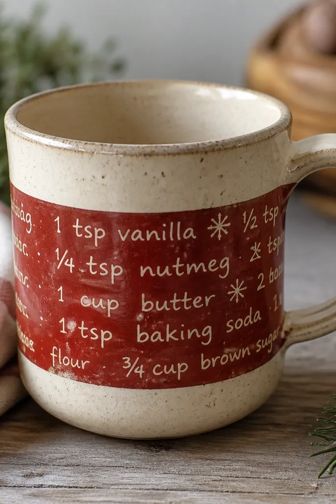 A cream handmade mug with a red band around the middle containing hand-painted script text that looks like a recipe card. The letters are slightly uneven like real handwriting, and small doodles of a star and snowflake sit between words. The rim is cream with a faint gray speckle.