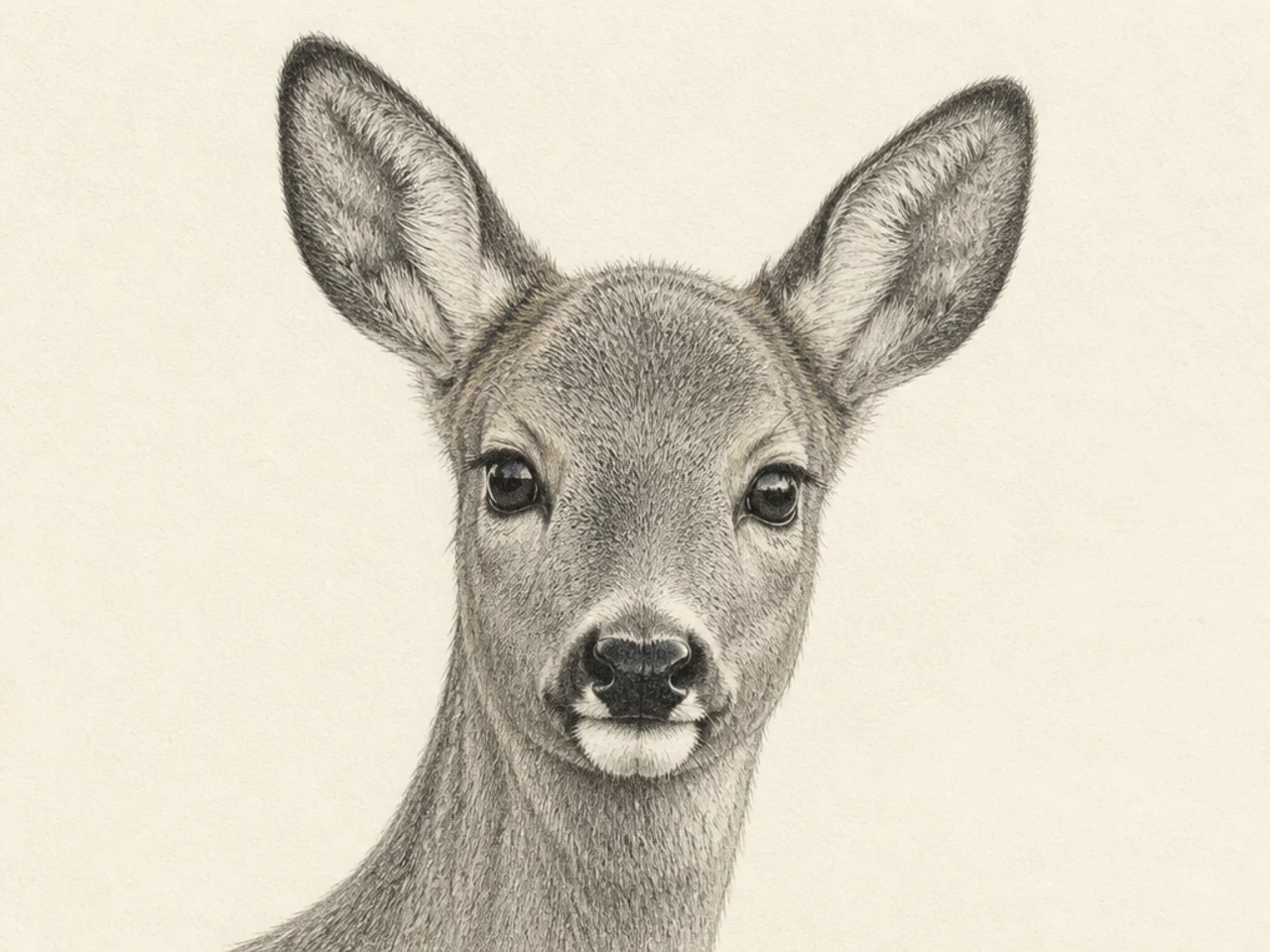A close portrait of a roe deer head with black nose and white chin