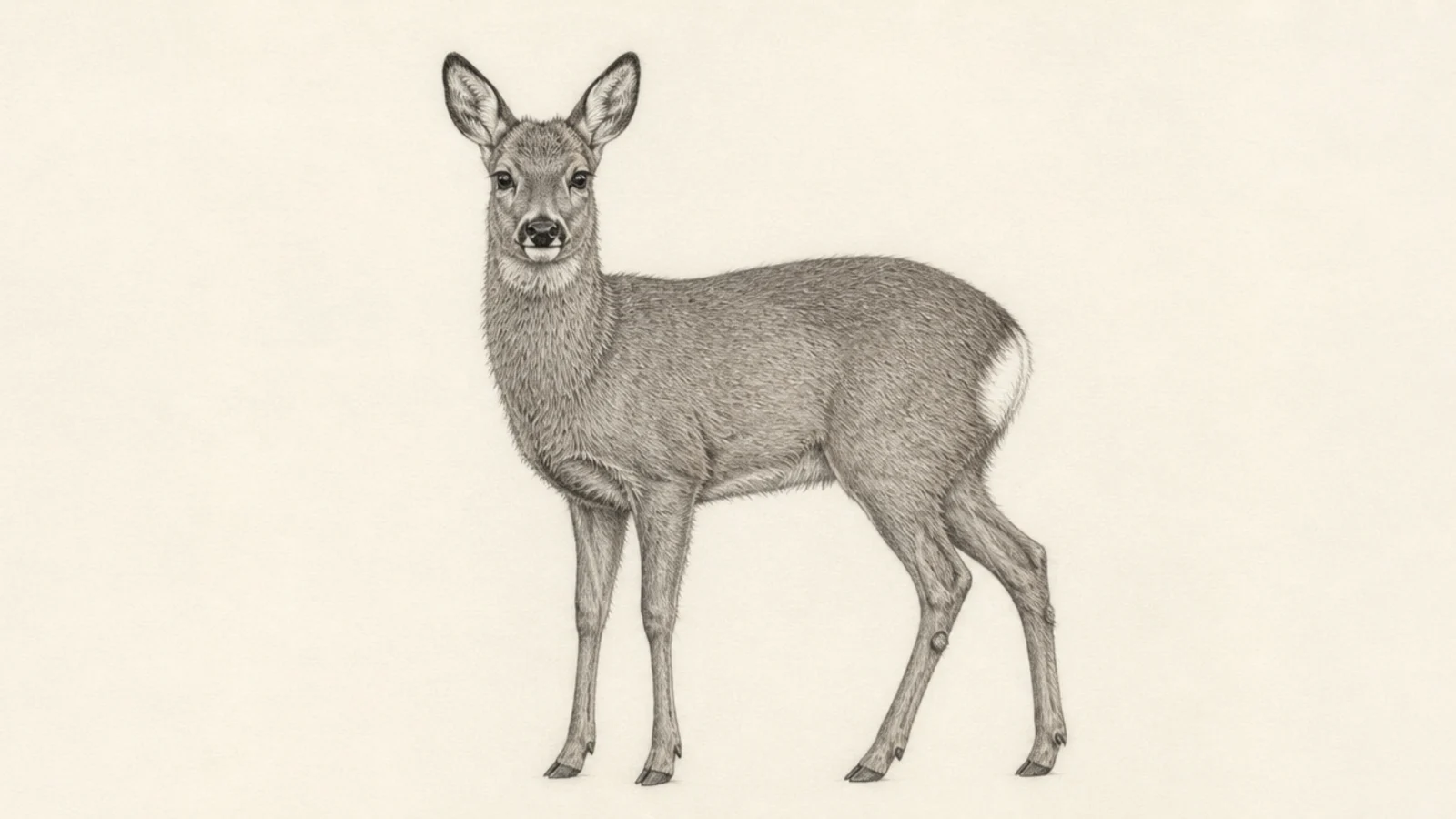 A roe deer in its thick greyish-brown winter coat