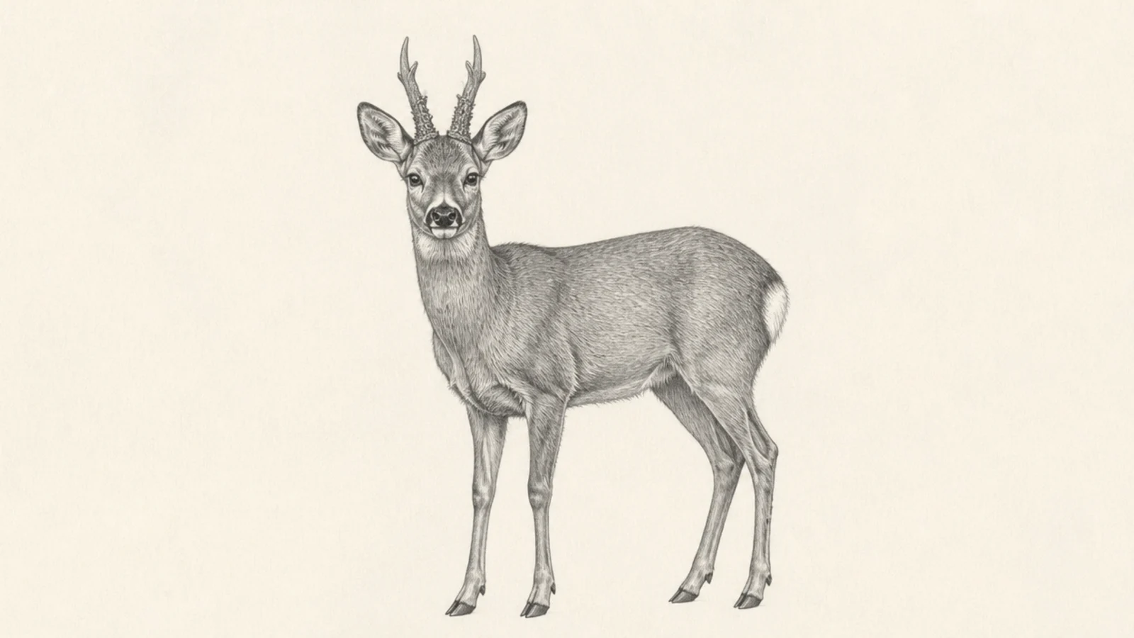 A roe buck with short upright three-point pearled antlers