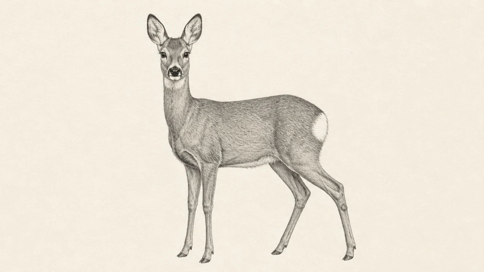 A roe deer standing alert with ears forward and head high