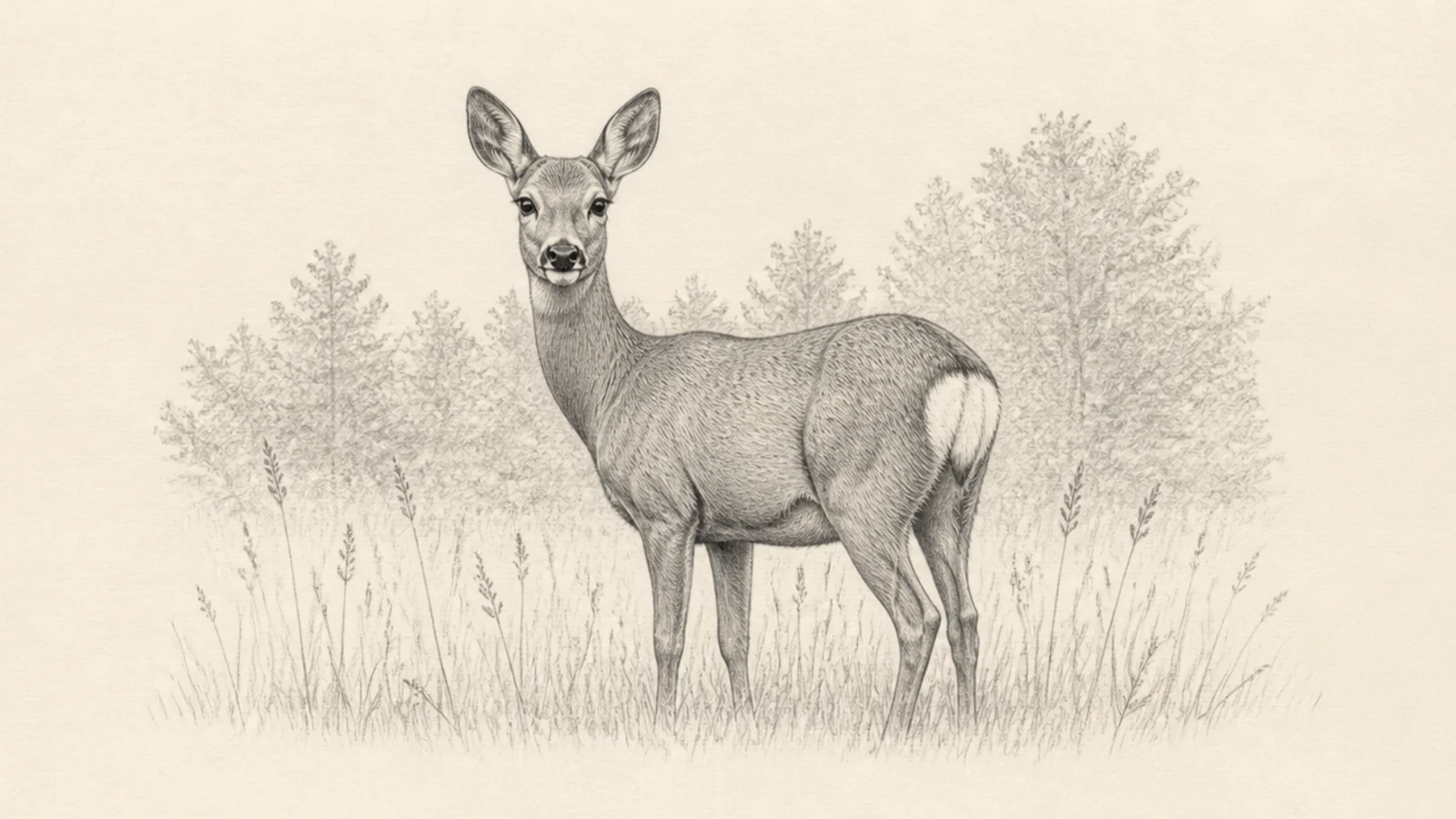 A roe deer standing in a meadow at the edge of woodland
