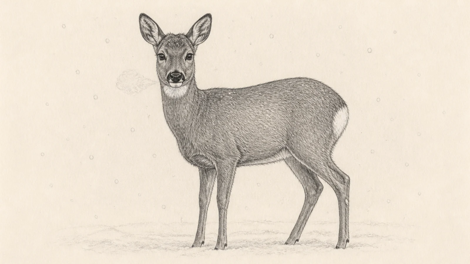 A roe deer standing in falling snow in its winter coat