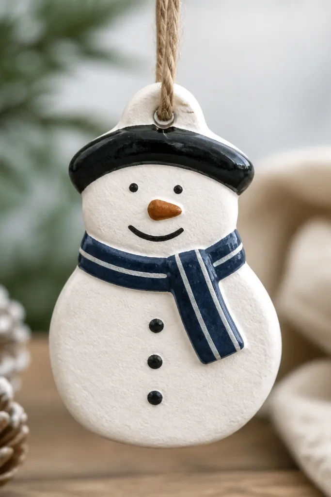 A white salt dough snowman ornament with three rounded button dots on the belly, a small carrot-style nose painted burnt sienna, and a charcoal smile. The scarf is a muted navy strip with a thin white stripe, and the hat is a simple black oval with a slight shine from a satin clear coat.
