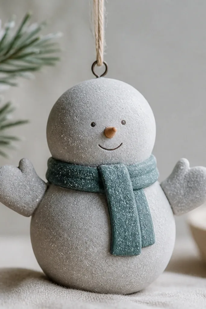 A snowman ornament where both arms look like thick mittens, painted in pale gray. The scarf is dusty teal, and tiny white speckles scatter across the body like frost. The eyes are small dots, and the mouth is a short curved line. A matte finish makes the speckles look powdery.