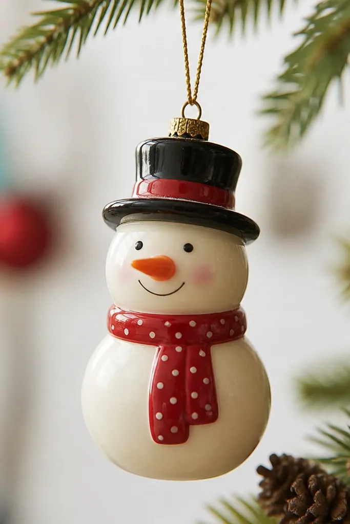 A snowman ornament with a smooth, almost glazed look. The body is soft cream, the scarf is red with tiny white dots, and the carrot nose has a shiny highlight line. The cheeks are faint pink circles. The clear coat is satin-to-gloss, catching light on the nose and hat.